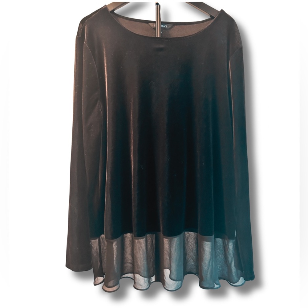 Ellen Tracy Black Velvet Top with fluttery sheer edge. Long sleeve. Size XL